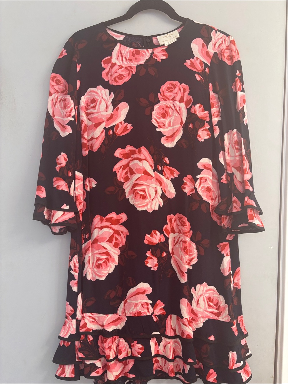 kate spade floral dress in black with pink and red blooms
